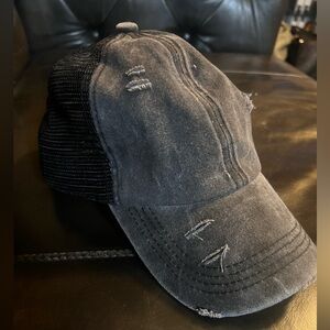 Distressed Black Denim Ponytail Cap